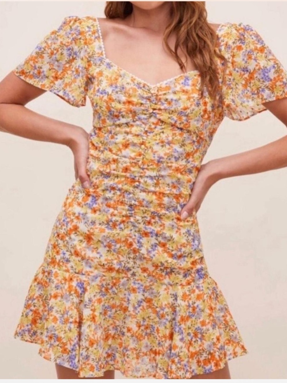 ASTR Yellow Floral Sweetheart Mini Dress with Puff Sleeves
